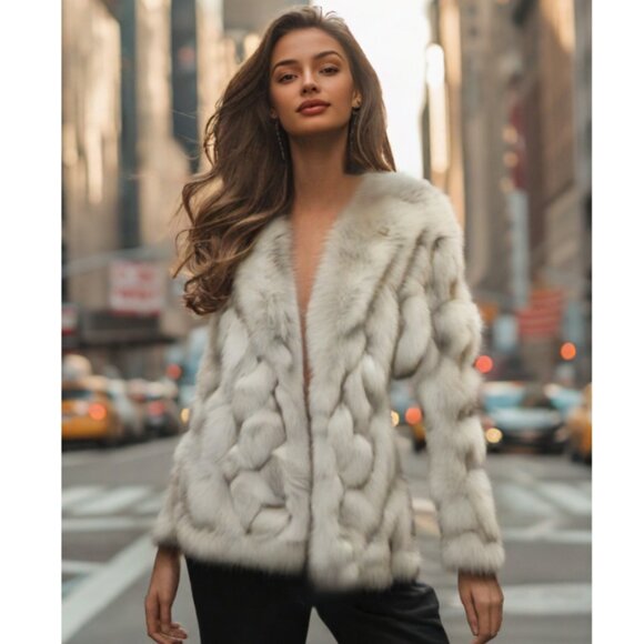 Natural Blue Stripped Fox Jacket with Leather Accent Panels, Size SM/Med - Picture 2 of 10